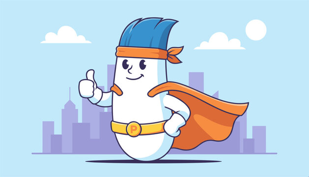Cute cartoon tube character dressed as a superhero with an orange cape and mask making a thumbs-up gesture against a city skyline.
