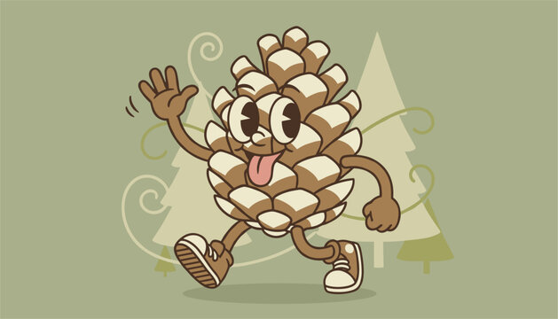 Retro cartoon pinecone character with a cheeky expression walking and waving its hand against a soft green pine tree background.