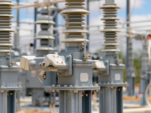An industrial electrical substation featuring massive grey transformers and ceramic insulators stands under a bright, sunny sky, showcasing robust power infrastructure.