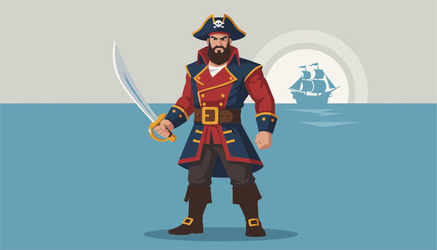 Strong pirate captain with a beard holding a silver sword while standing on the shore with a sailing ship in the background.