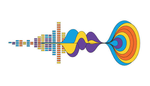 Vibrant abstract soundwave graphic showcasing colorful music equalizers and concentric audio waves on a white background.