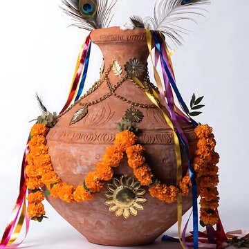 Decorated clay pot or kalash adorned with marigold flower garlands ribbons peacock feathers for janmashtami festival celebration marigold festival celebration tradition janmashtami