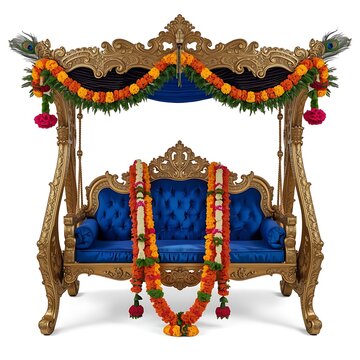 Ornate golden jhula or swing decorated with marigold flower garlands blue upholstery peacock feathers for janmashtami festival marigold janmashtami festival celebration tradition