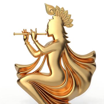 Gleaming golden figurine of deity playing flute adorned with peacock feather crown on bright white background figurine sculpture religious hinduism mythology spiritual tradition