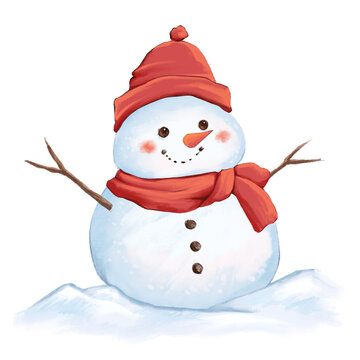 Hand-drawn Christmas snowman red hat scarf illustration