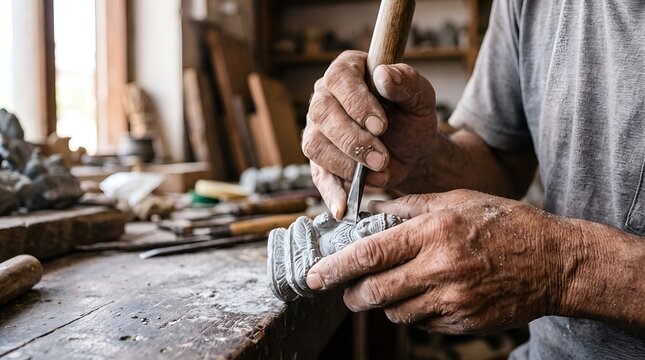 Medium close-up shot of a skilled craftsman's dusty hands using a sharp wooden-handled chisel to carve intricate details on a small stone statue base in a rustic workshop