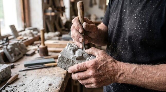 Medium shot of a senior craftsman in a dusty black t-shirt using a wooden-handled chisel to carve a lion relief on a stone block in his traditional workshop