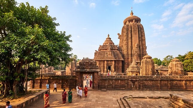 Wide angle view of the historic Lingaraj Temple complex with devotees walking in the courtyard under a clear blue sky in Bhubaneswar, Odisha, India