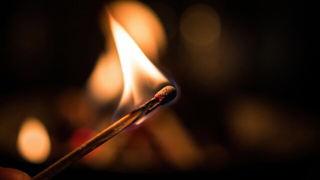 Burning matchstick flame close up against dark background