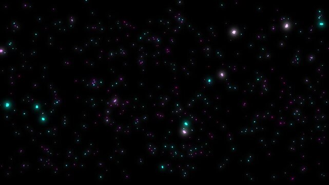Shimmering Teal and Purple Bokeh Particles Floating in Deep Black Space Background for Digital Motion Graphics and Abstract Visual Design