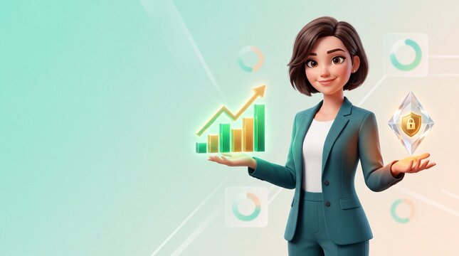 Cartoon businesswoman character presenting glowing bar chart arrow and secure crystal shield for financial growth and asset protection concept banner.