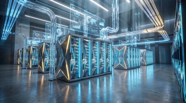 Futuristic data center with glowing server racks and advanced technology