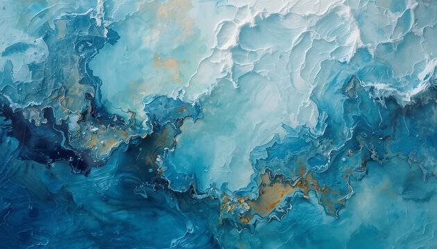 Abstract painting background displaying vibrant turquoise, ocean blue, and white acrylic colors blended with dramatic thick impasto textures to create a fluid marble artwork surface.