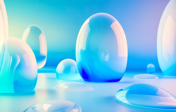 Glass spheres glow softly under cool blue light