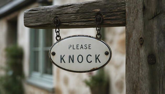 Vintage Oval "Please Knock" Hanging Sign on Wooden Post