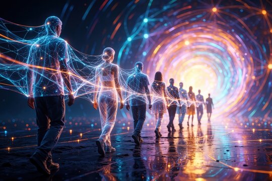 Group of people walk through glowing digital tunnel. Luminous blue threads connect humans in cosmic space. Abstract network of light links individuals together. Futuristic technology concept shows