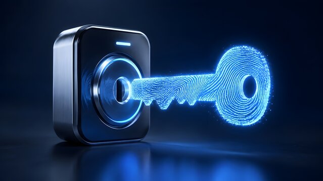 Glowing digital fingerprint key unlocking a secure metallic scanner conceptualizing biometric cybersecurity and advanced data protection.