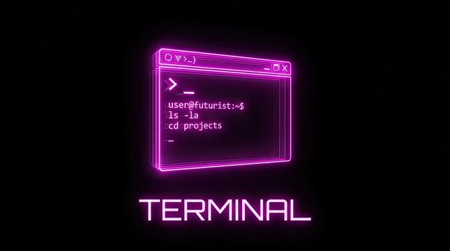 Futuristic neon terminal window with command line interface. Cyberpunk hacker screen concept background.