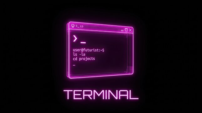 Futuristic neon terminal window with command line code. Cyberpunk hacking and programming concept.