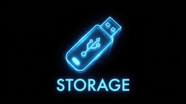 Digital USB flash drive icon with glowing blue outline and 'STORAGE' text