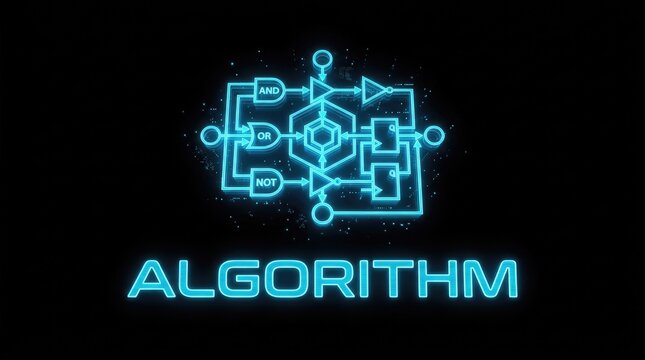 Futuristic algorithm flowchart concept. Glowing digital logic gate diagram for technology and AI.