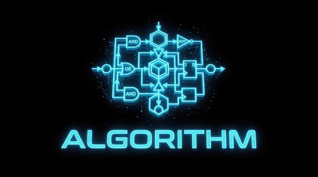 Algorithm flowchart with digital glowing neon lines and text.