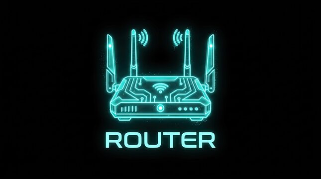 Futuristic glowing neon Wi-Fi router icon for internet technology and network connection concept.