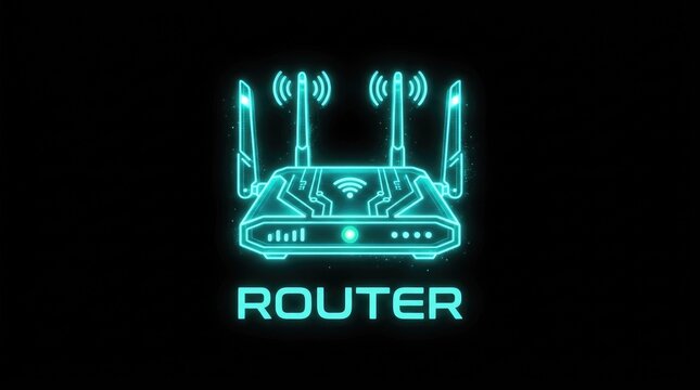 Futuristic neon glowing Wi-Fi router icon for internet technology and connection concepts.