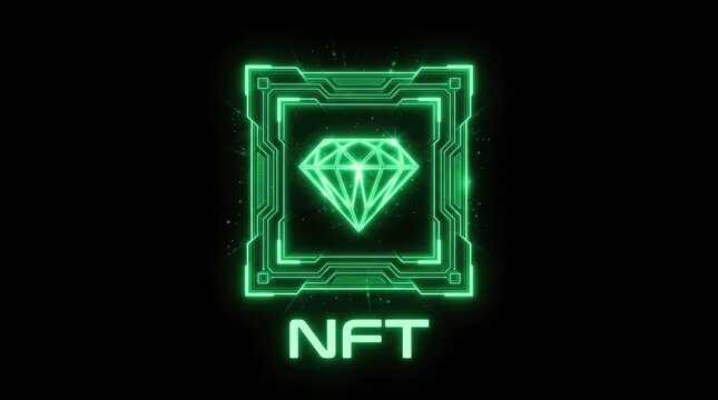 Futuristic NFT non-fungible token concept with a glowing neon diamond icon.
