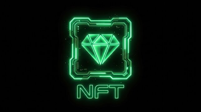 NFT non-fungible token crypto art icon. Glowing green digital diamond on a futuristic blockchain background.