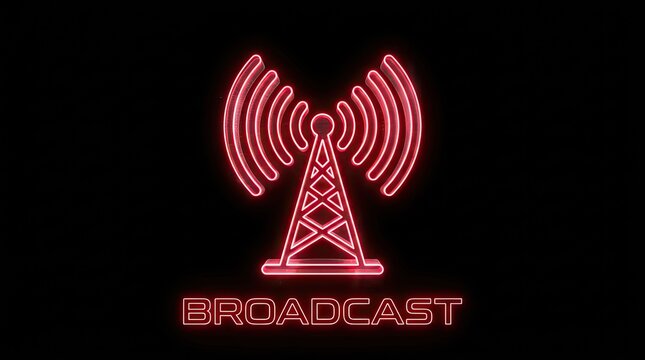 Broadcast tower neon sign icon. Glowing red radio antenna symbol for live stream media.