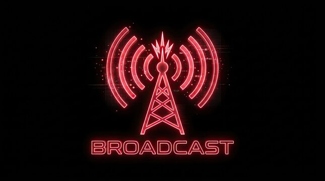 Broadcast radio tower icon with glowing red signal. Communication and technology vector symbol.