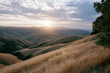 Naklejka premium The Sundrenched Rolling Hills Under a Quiet Sunset Sky Over a Vast Valley