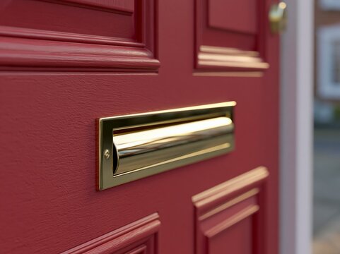 A close-up view of a red, panelled front door with a gleaming brass letterbox, highlighting classic home architecture and entry detail.