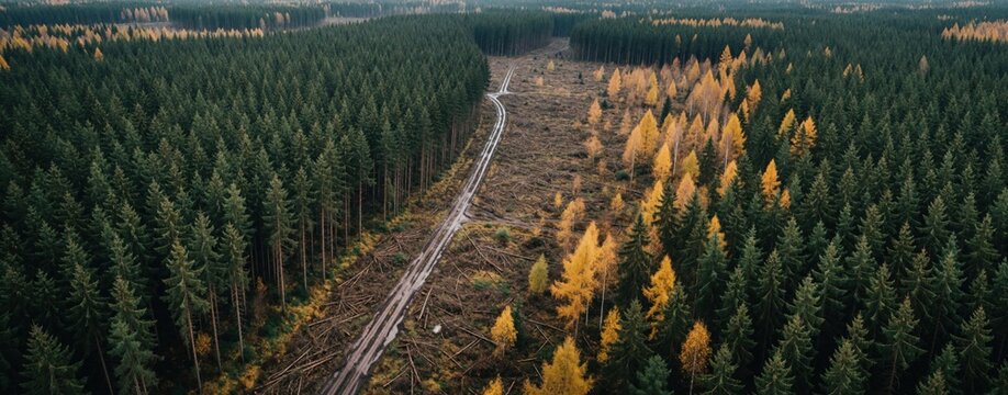 Drone view over forest with logging clearings and autumn trees. Wide landscape shows pine woods alongside felled timber near dirt road. Nature damage from human activity seen from above.