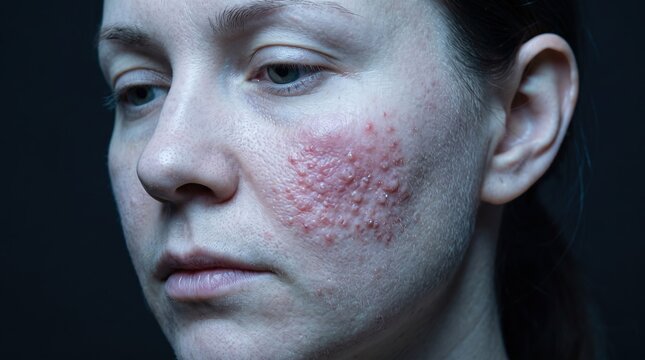 Close up view of woman face with severe red facial skin inflammation and acne rosacea