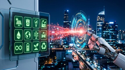 Fototapeta premium Artificial intelligence robotic hand touching a virtual digital screen displaying green environmental sustainability icons against an urban city background.