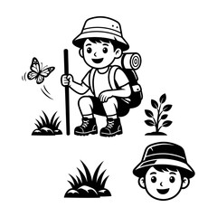 Cute boy hiking in nature with backpack, walking stick, and butterfly. Outdoor adventure illustration.