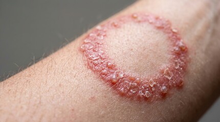 Fototapeta premium Close up of ringworm fungal skin infection with circular red scaly rash on human arm