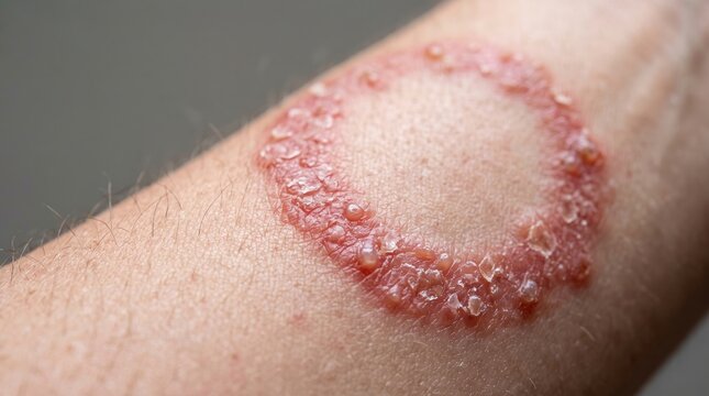 Close up of ringworm fungal skin infection with circular red scaly rash on human arm