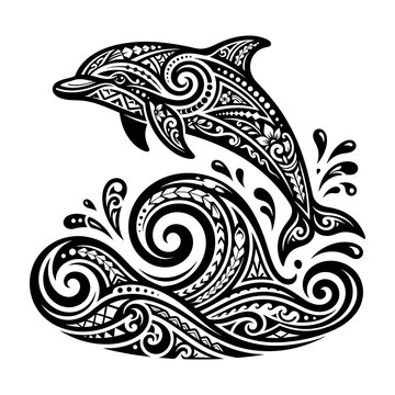 Black and white tribal dolphin tattoo design with waves and intricate patterns on white background