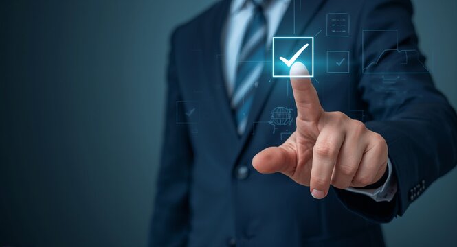Businessman showing virtual icons assessment checkboxes data analysis process pre approval quality assessment questionnaire online survey test evaluation checklist ideas concept as Businessman display