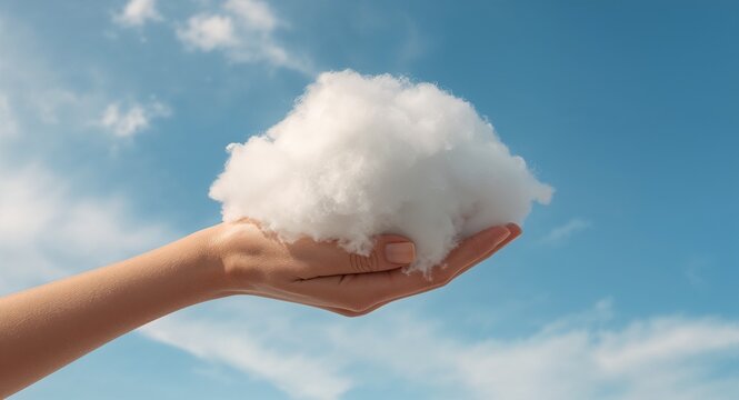 woman hand holding cotton wool cloud sky background imagination development copy space concept as A woman holds cotton resembling clouds against a sky background symbolizing imagination creativity and