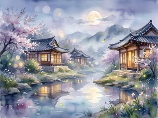 Obraz premium 달이 빛나는 밤의 한옥마을