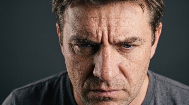 Intense close up portrait of angry mature man frowning with deep forehead wrinkles