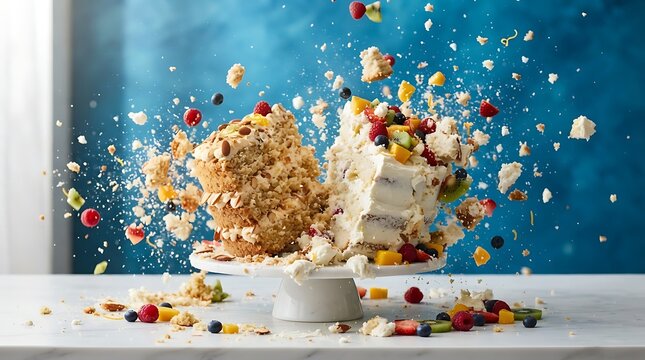 Exploding sponge cake with white frosting, fresh berries, and tropical fruit pieces shattering into crumbs against a blue background