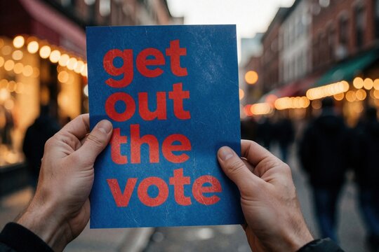 Person holds blue flyer with red get out vote text in hand. Activist shows election campaign message on busy city street. Citizen supports democratic process, civic engagement during voting season at