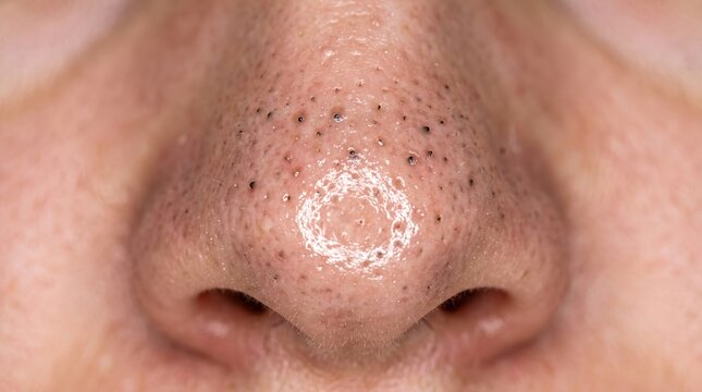 Extreme close up shot of nose with large oily pores and blackheads