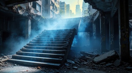 Fototapeta premium Surreal blue glowing staircase leads up through dark urban ruins. Broken concrete stairs rise amid destroyed city buildings, debris. Ethereal light shines in smoky abandoned interior of ruined