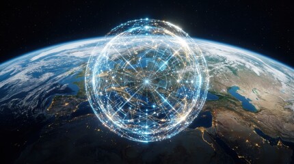 Naklejka premium Glowing digital network sphere hovering above Earth planet in space